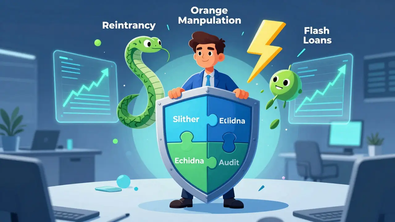 Developer protected by audit tools against abstract attack monsters