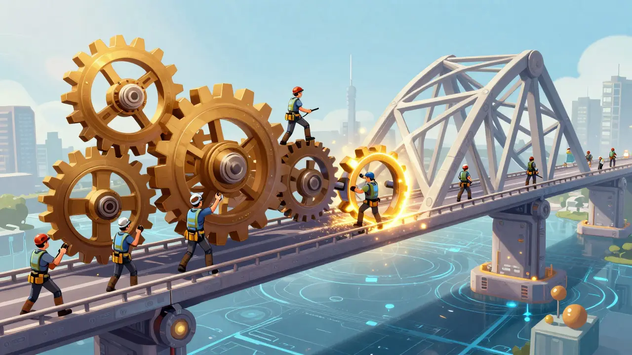 Engineers building a hybrid bridge connecting legacy gears to new quantum-safe structures