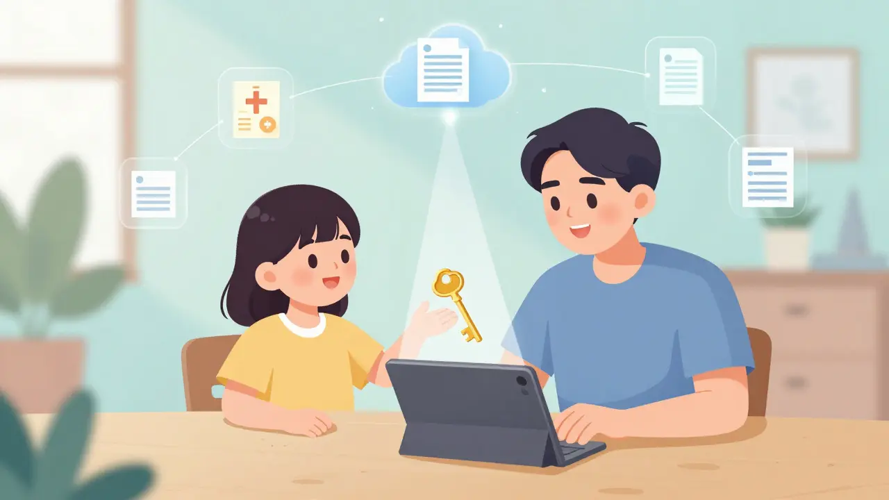 Family setting up secure document sharing via digital key