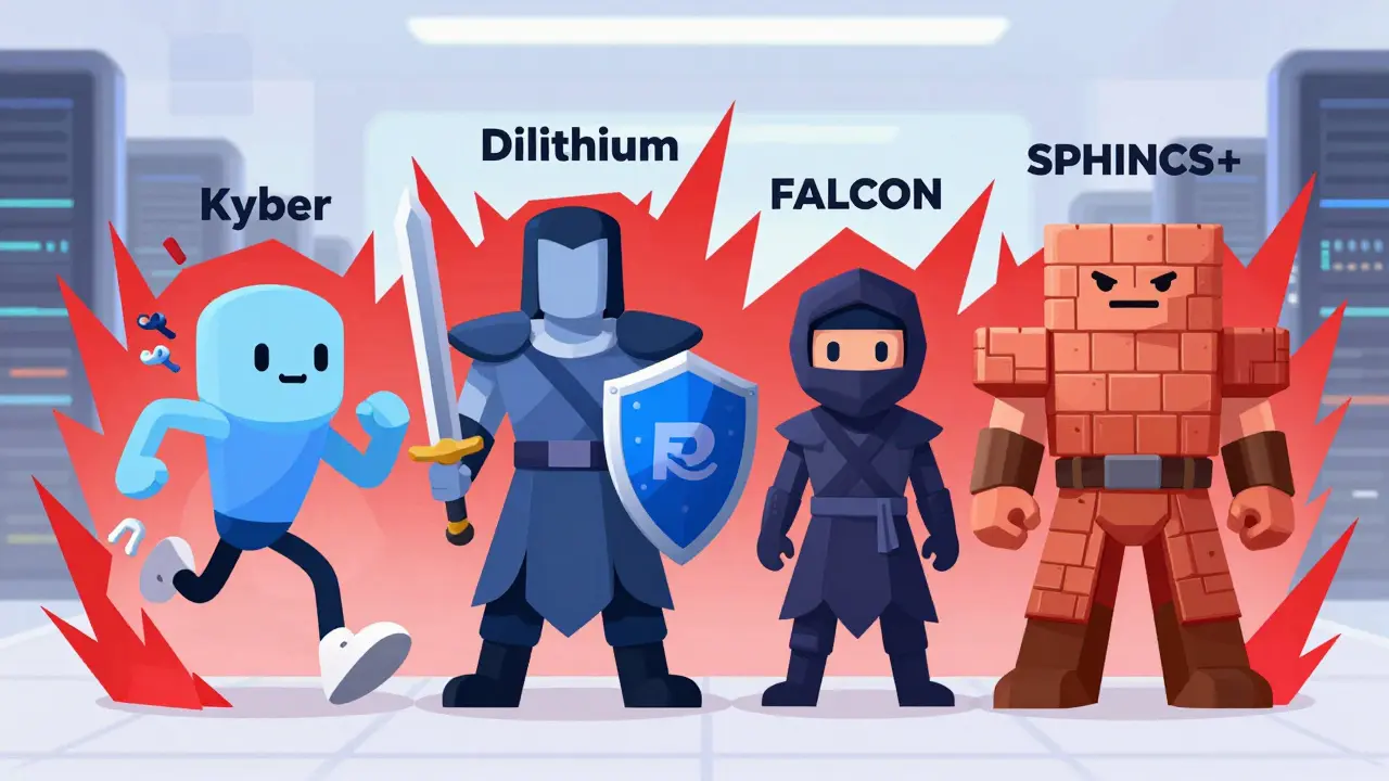 Four illustrated heroes representing NIST algorithms blocking quantum attack waves