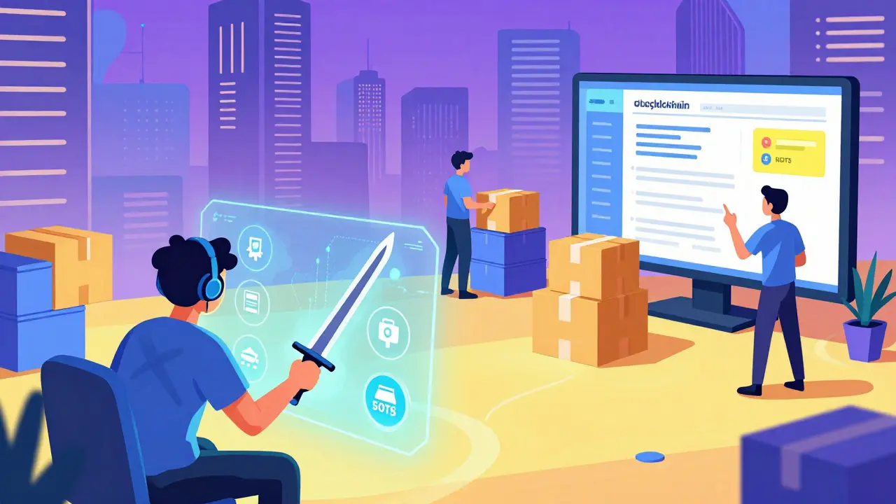 Futuristic city showing gamers, shippers, and artists using low-cost blockchain tech