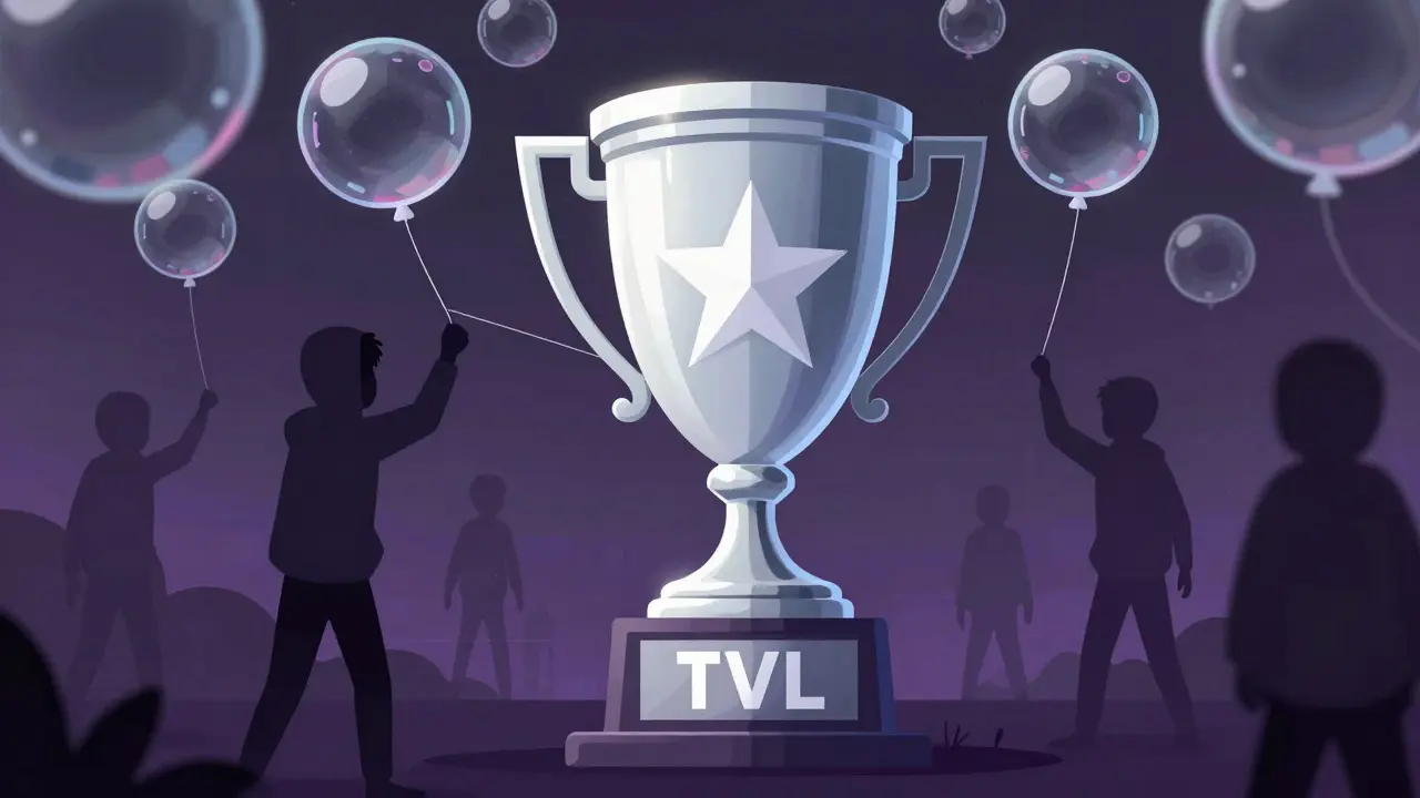 Glass trophy inflated by shadows, illustrating misleading TVL metrics in finance.