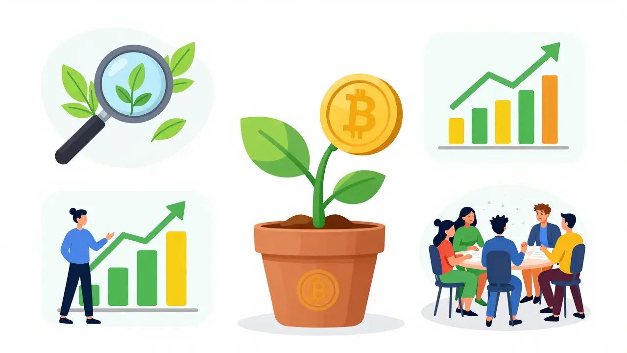 Healthy plant surrounded by security, revenue, and user icons, showing true protocol health.