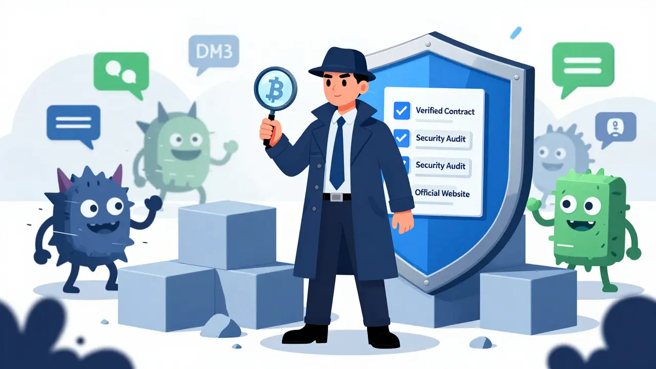 Heroic figure holding a magnifying glass and shield, verifying crypto project safety against scam monsters.
