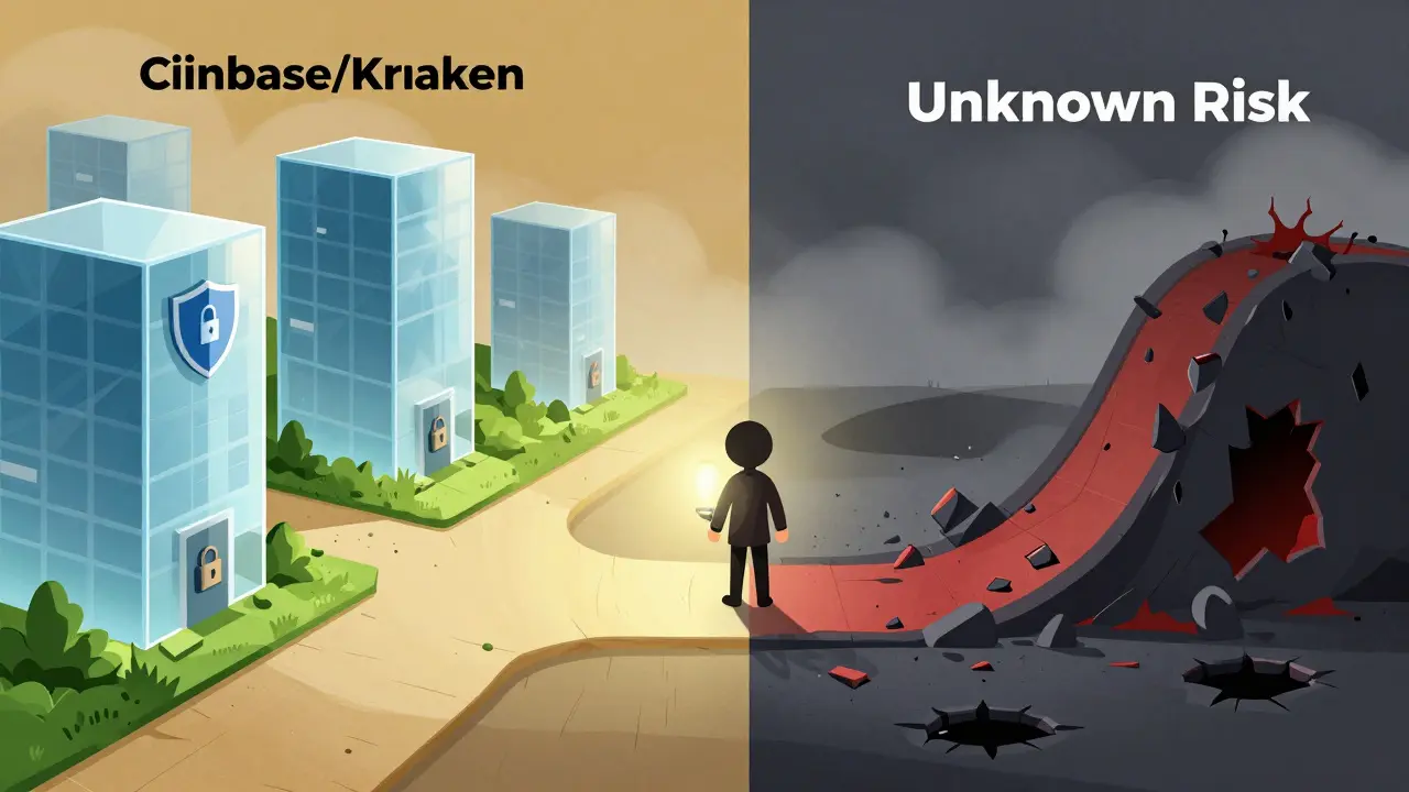 Illustration comparing safe regulated exchanges vs risky unknown platforms