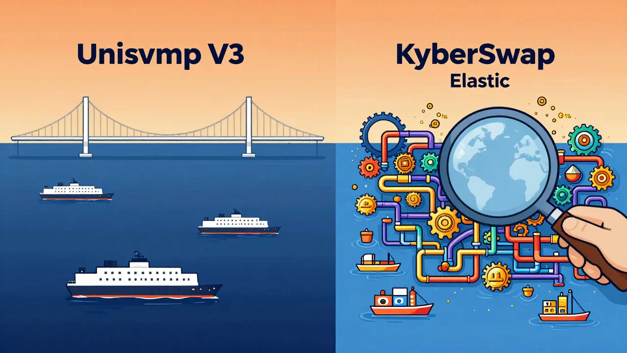 Illustration comparing Uniswap's depth with KyberSwap's niche token efficiency