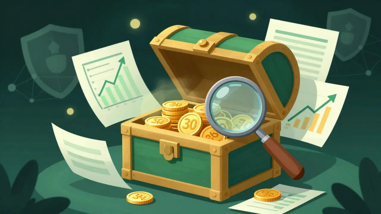 Illustration of 30 PHA tokens in a chest with upward trend charts and privacy symbols.