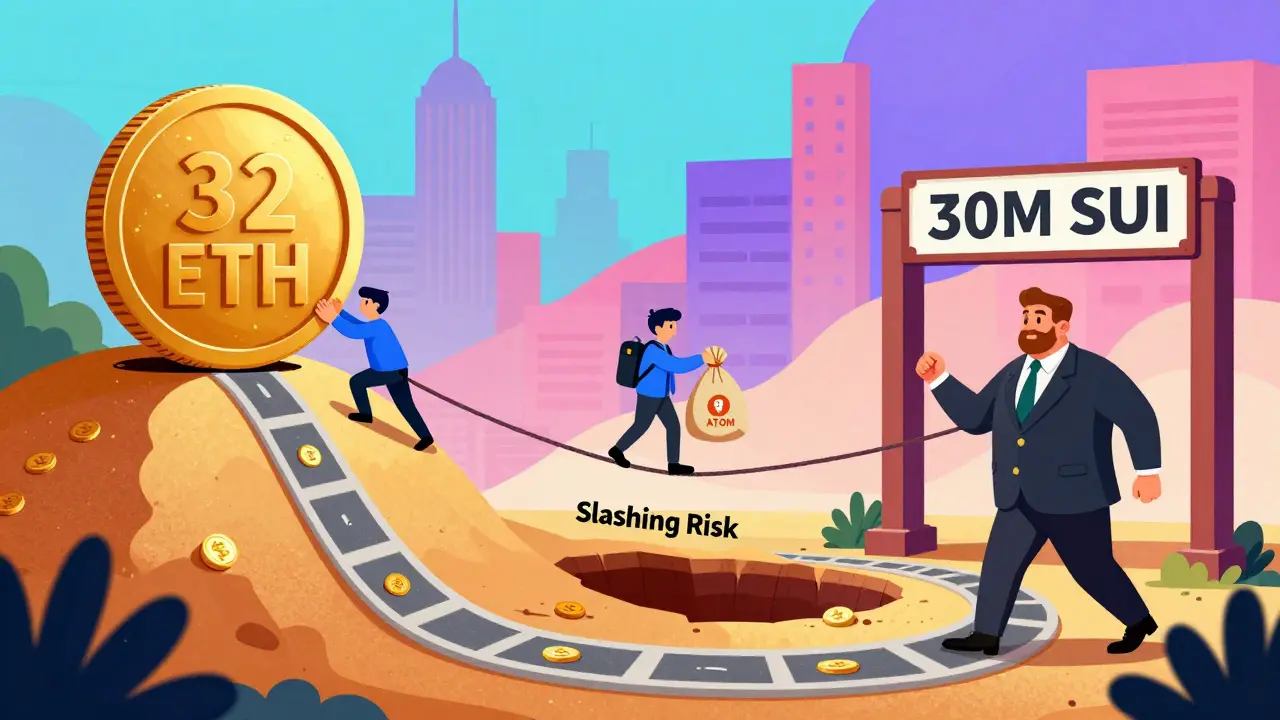 Illustration of crypto staking costs as an obstacle course with coins and tightropes