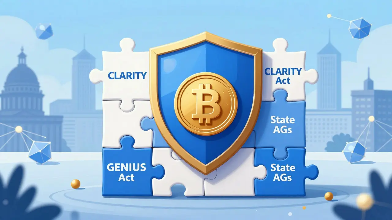 Illustration of federal and state law puzzle pieces forming a protective shield around crypto.