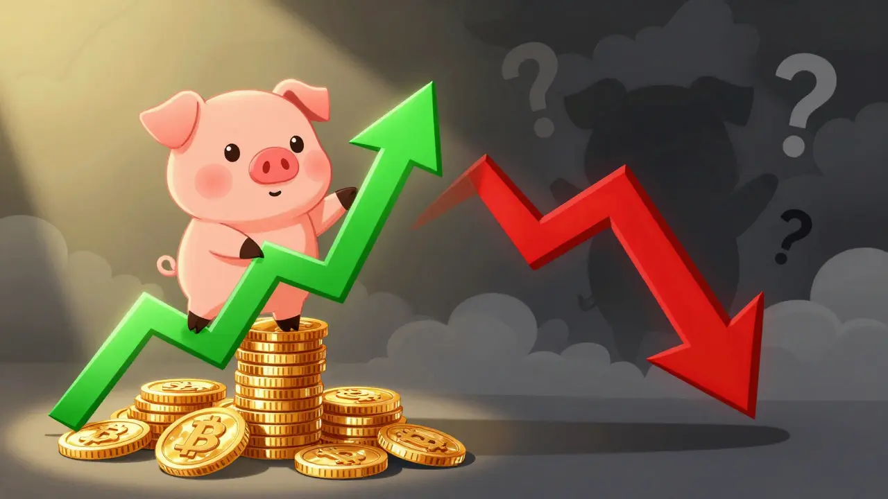 Illustration of pig mascot on rising green arrow vs falling red risk arrow