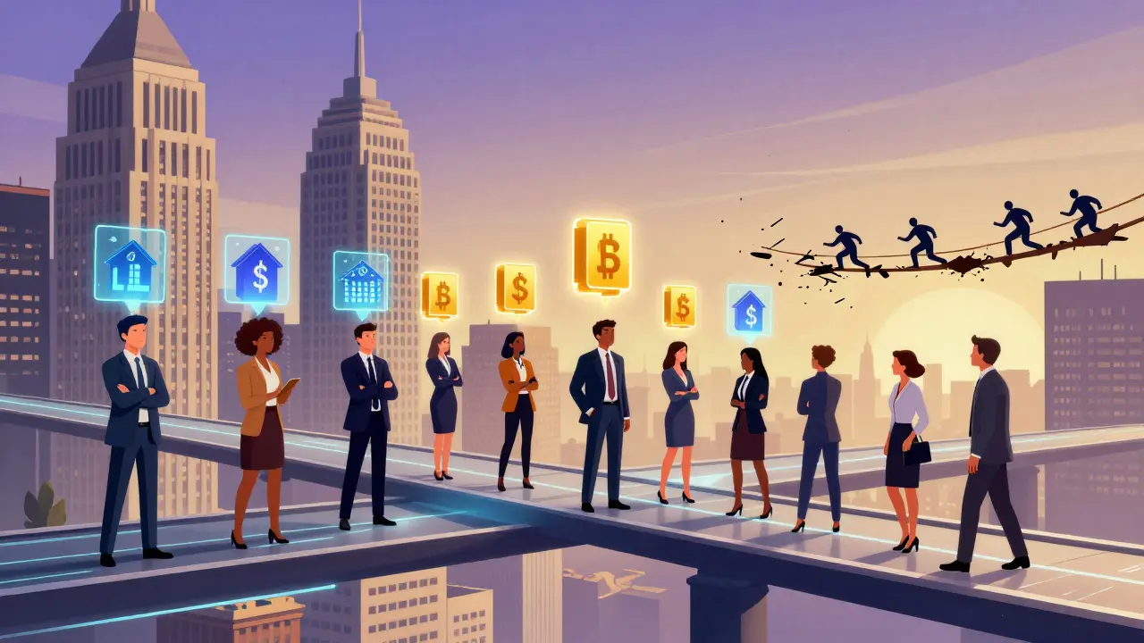 Investors on digital bridge connecting traditional finance to DeFi RWA