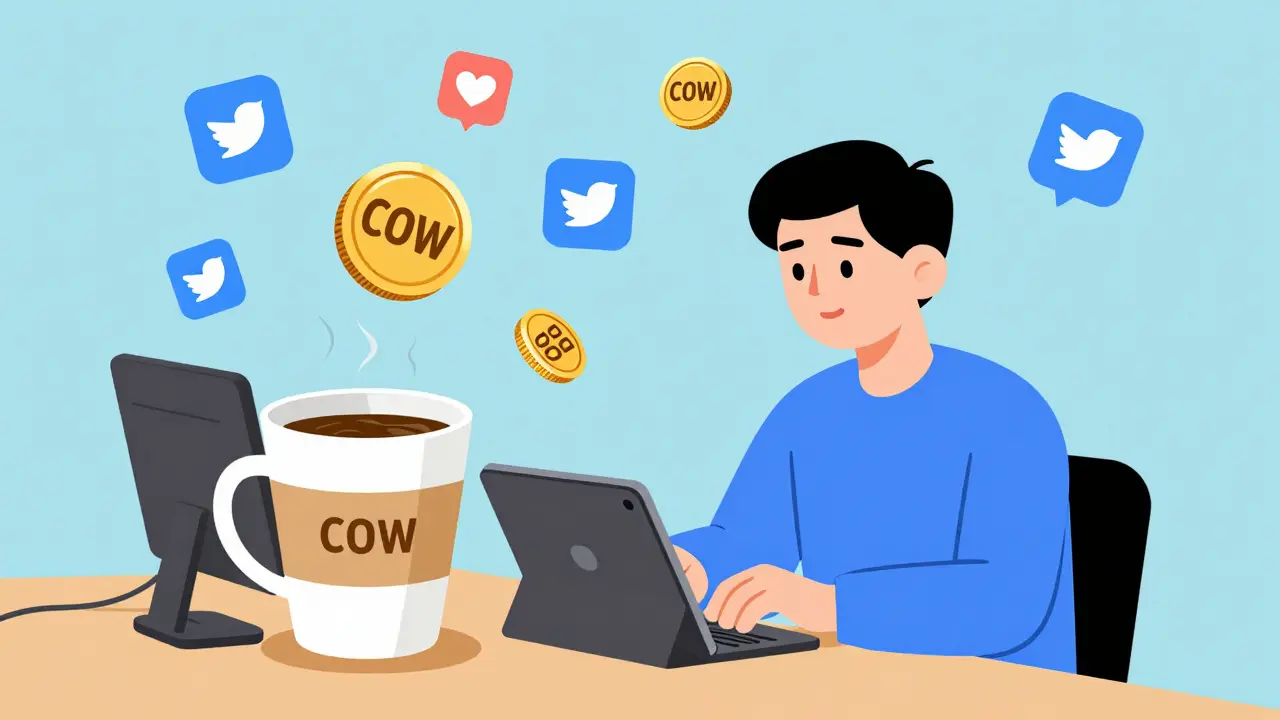 Person doing social media tasks for a tiny worthless crypto token