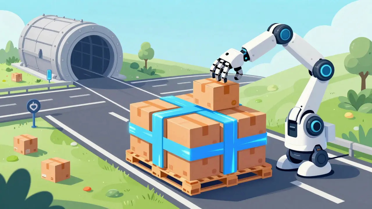Robot bundling many small boxes into one efficient pallet for blockchain settlement