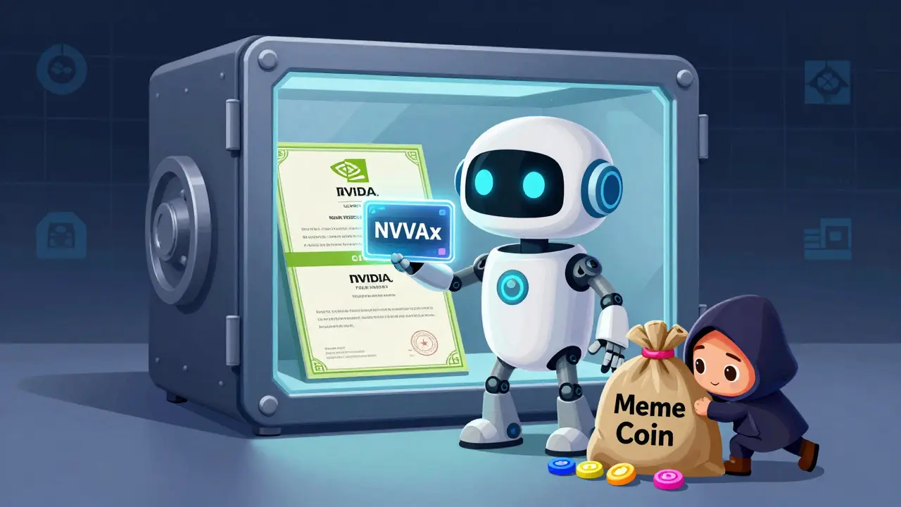 Robot holding tokenized stock near secure vault, avoiding meme coin scammer