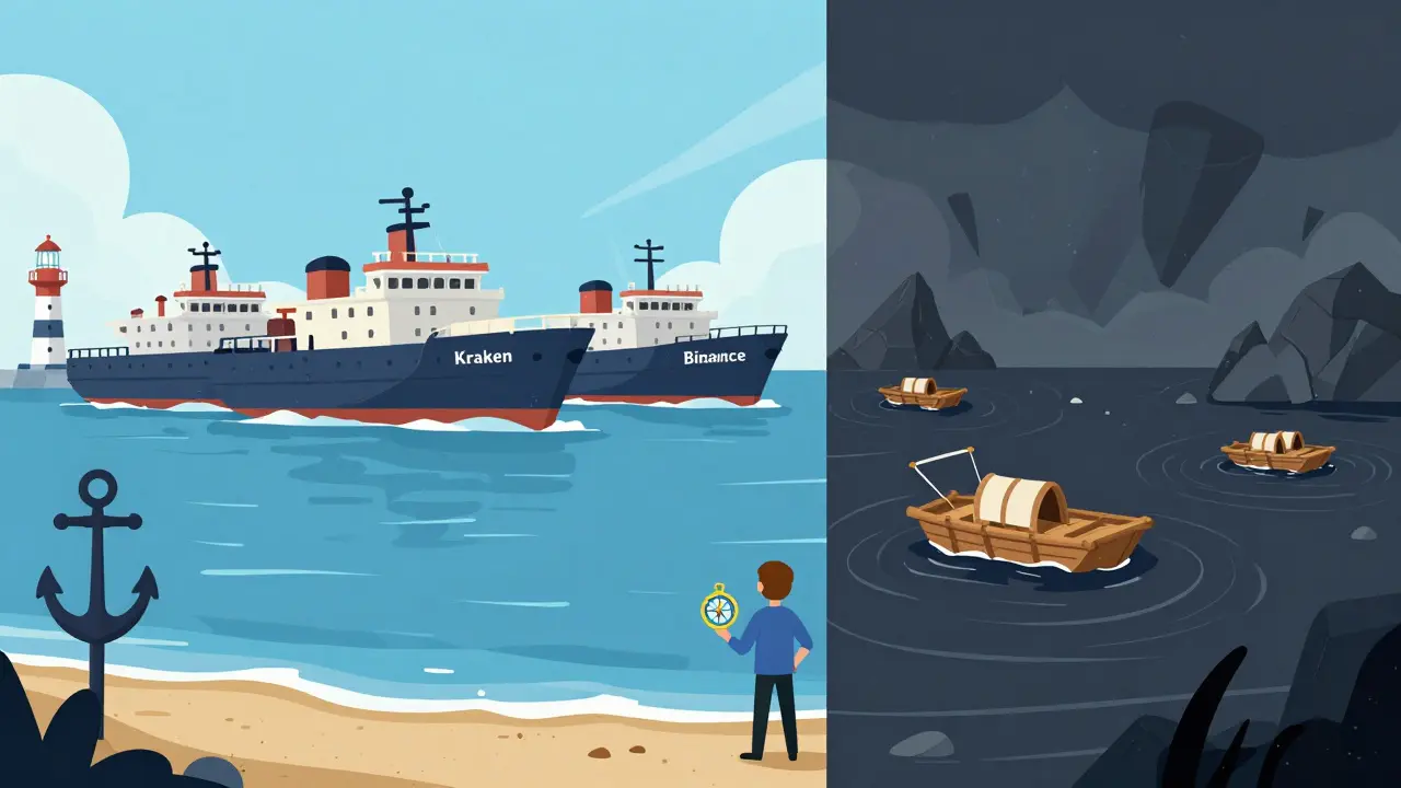 Safe ships vs stormy sea illustrating secure crypto exchanges