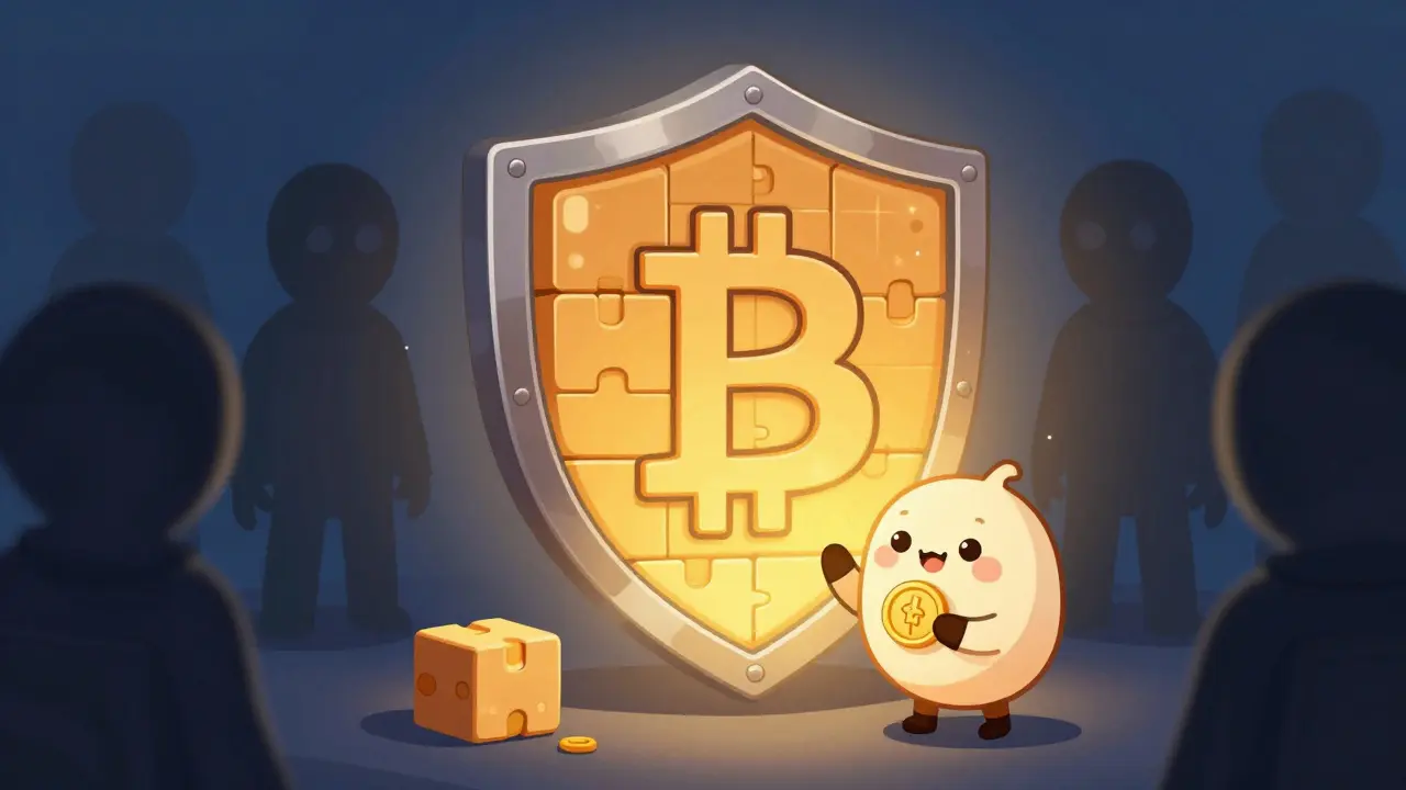 Shield protecting crypto assets from hackers in cartoon style