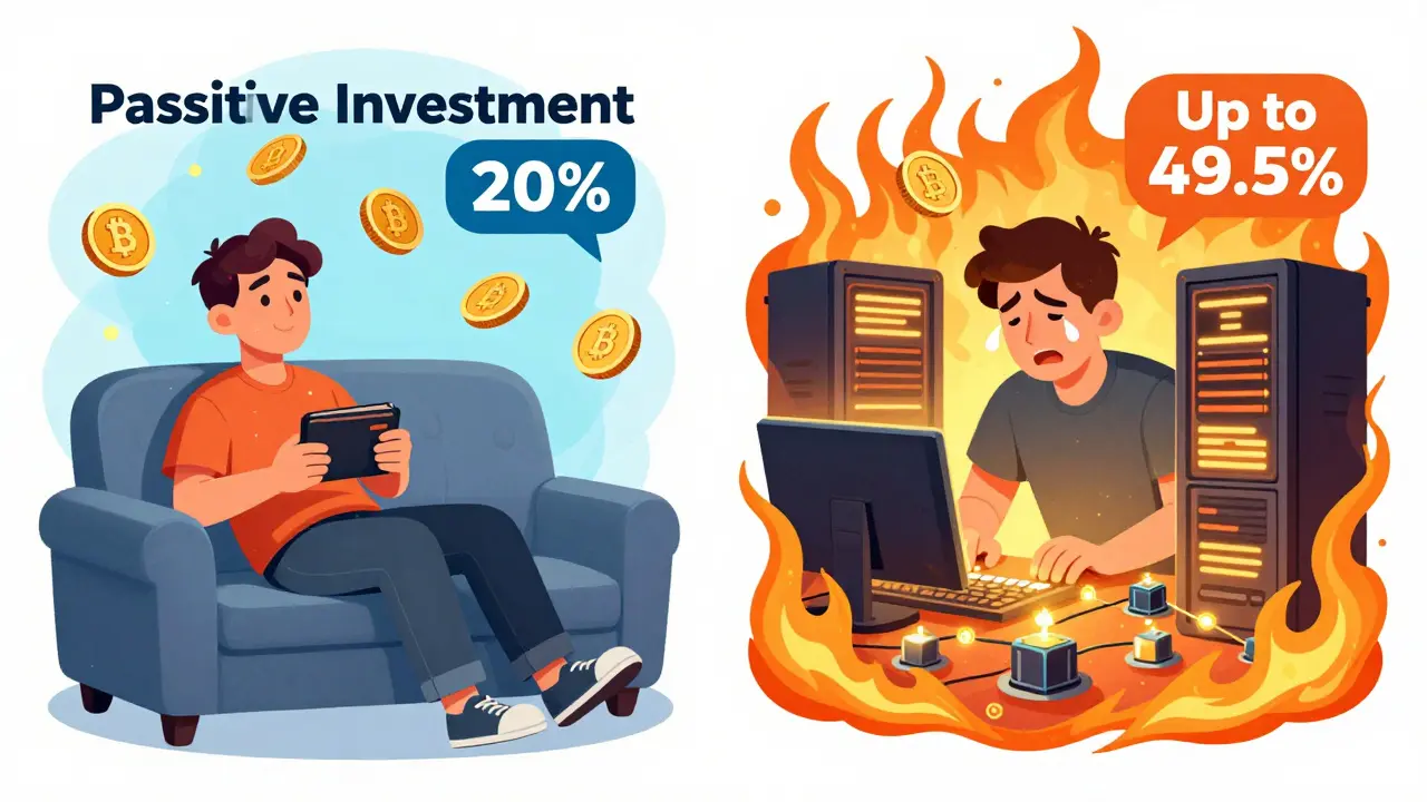 Split illustration contrasting passive crypto investment with active mining income taxes