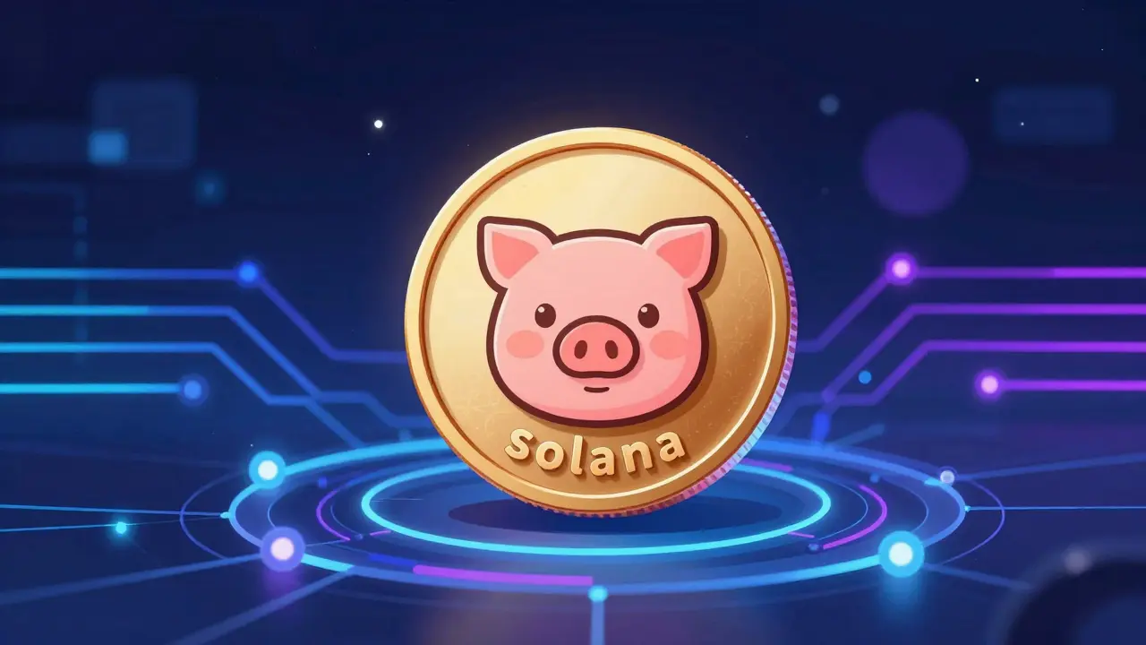 Stylized crypto token with pig face floating over glowing blockchain network