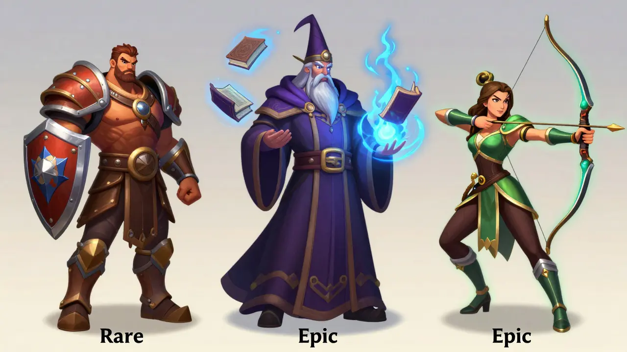 Three hero classes: Warrior, Wizard, and Archer standing together with magical auras.