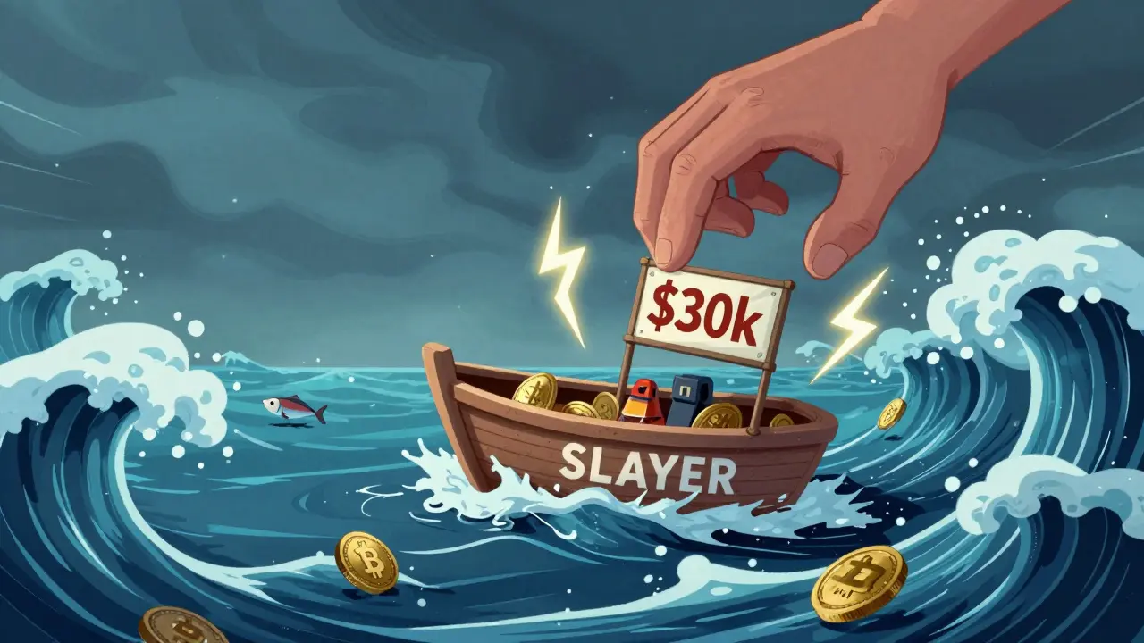 Tiny boat on stormy waves representing volatile crypto market