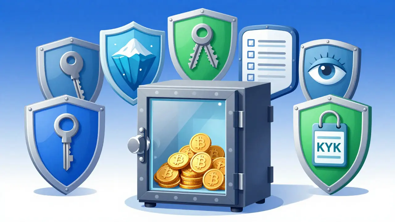 Vault with crypto coins surrounded by seven security shields
