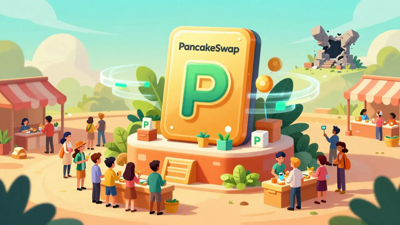 Vibrant safe marketplace contrasting with a crumbling risky platform