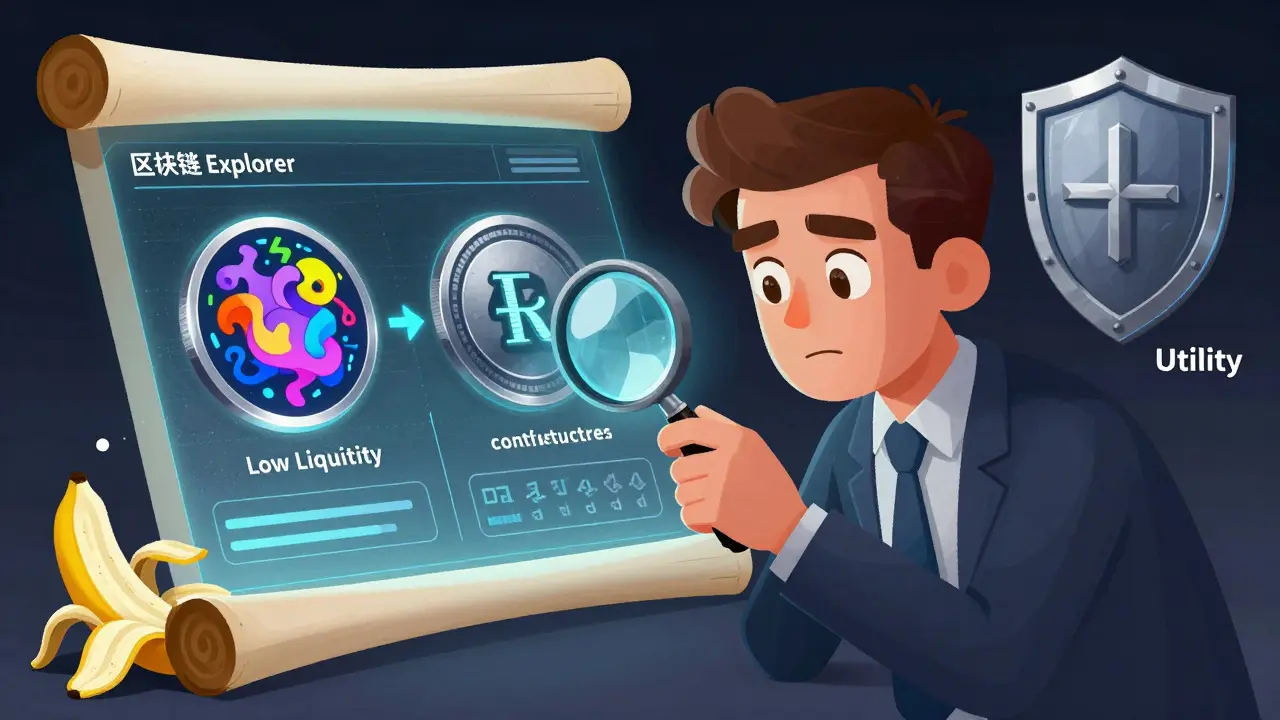 A character using a magnifying glass to verify crypto contract addresses on a hologram.