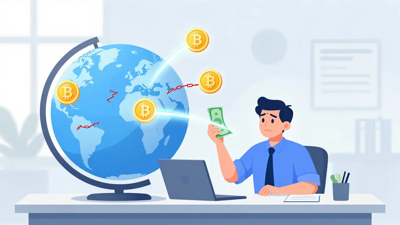 Business owner sending stablecoins globally via digital light streams