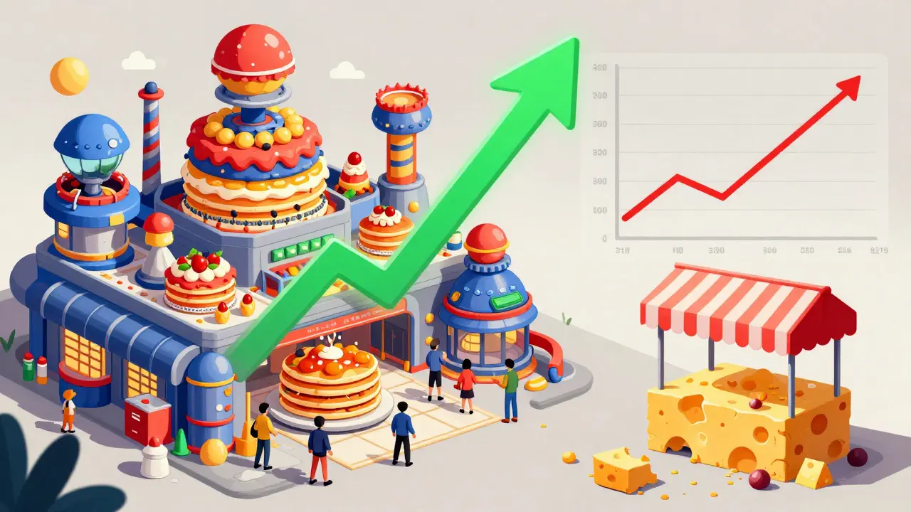 Bustling cake factory vs tiny empty cheese stand showing volume gap