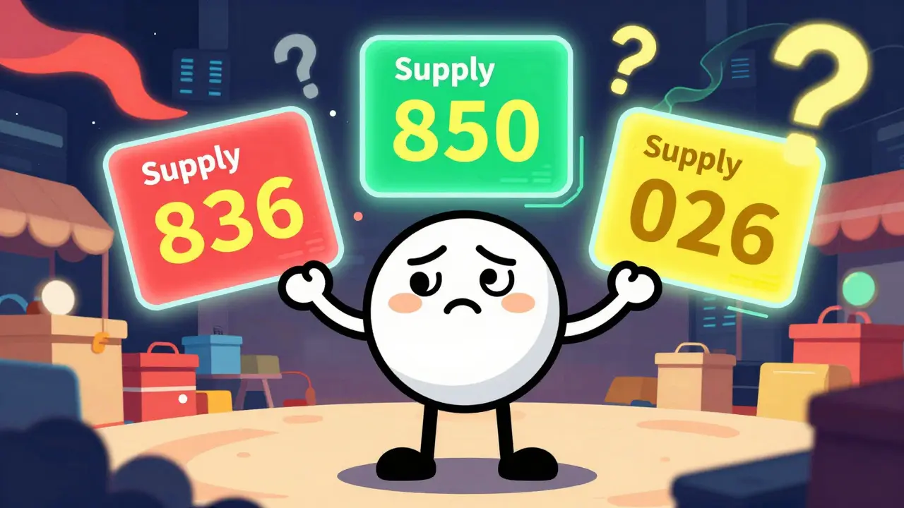 Cartoon character confused by three screens showing different crypto supply and price data.