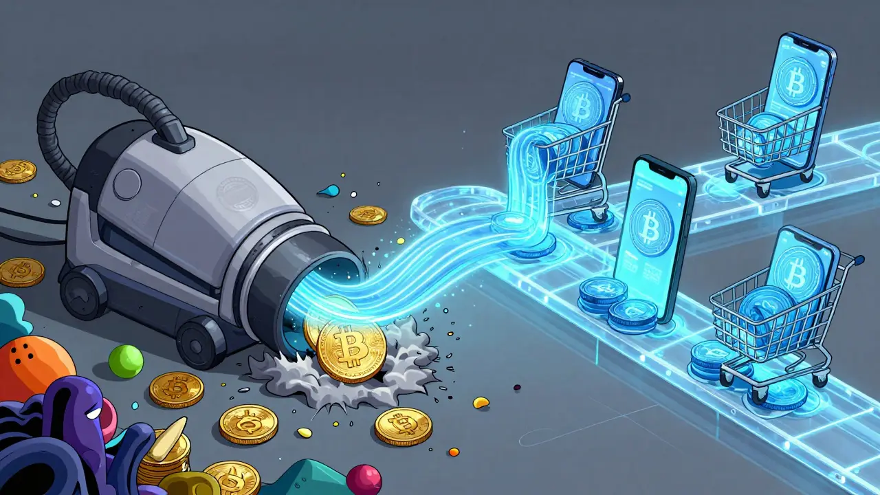 Chaotic crypto symbols are vacuumed away while orderly blue Digital Yuan coins flow smoothly.