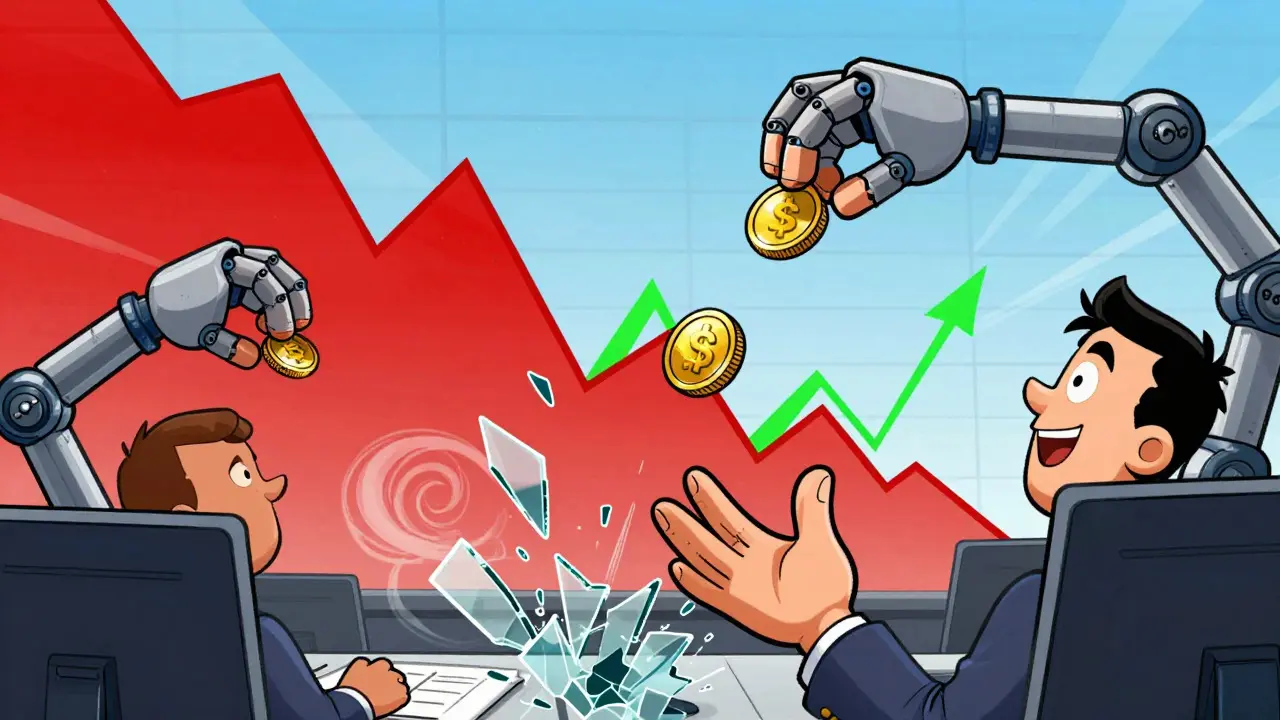Chaotic trading scene with crashing graphs and robotic hands