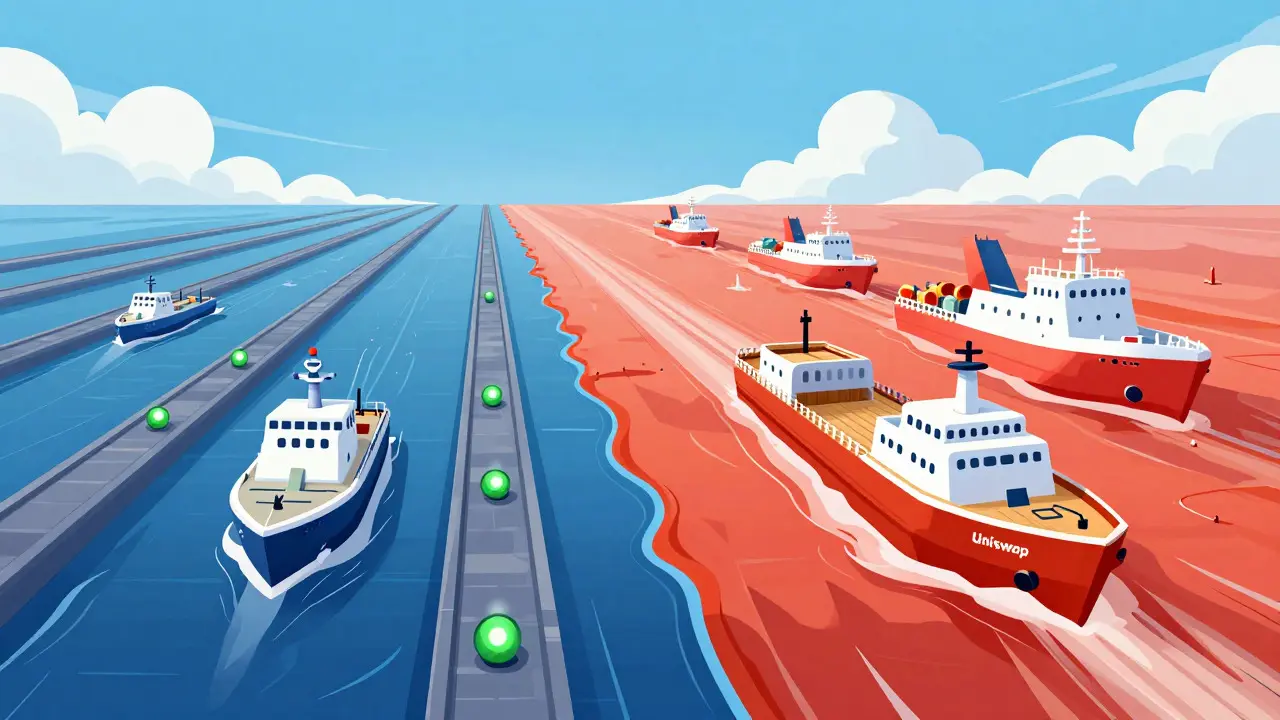 Comparison illustration of small DEX vs large exchange ships