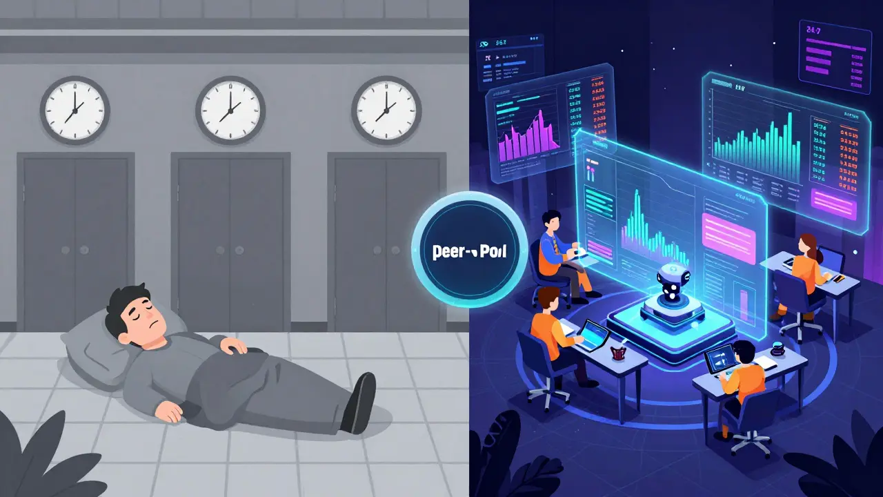 Comparison of traditional stock exchange vs 24/7 blockchain trading hub