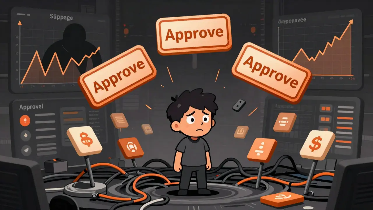 Concept art of a user struggling with complex DeFi approvals