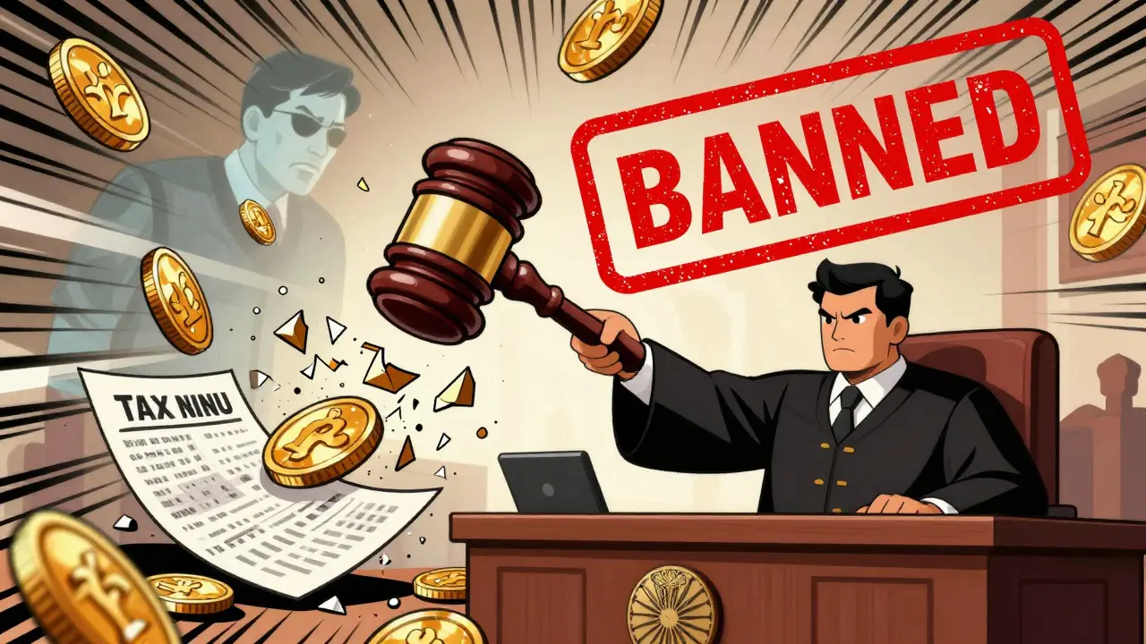 Concept art of Supreme Court gavel shattering a ban stamp into coins and tax forms.