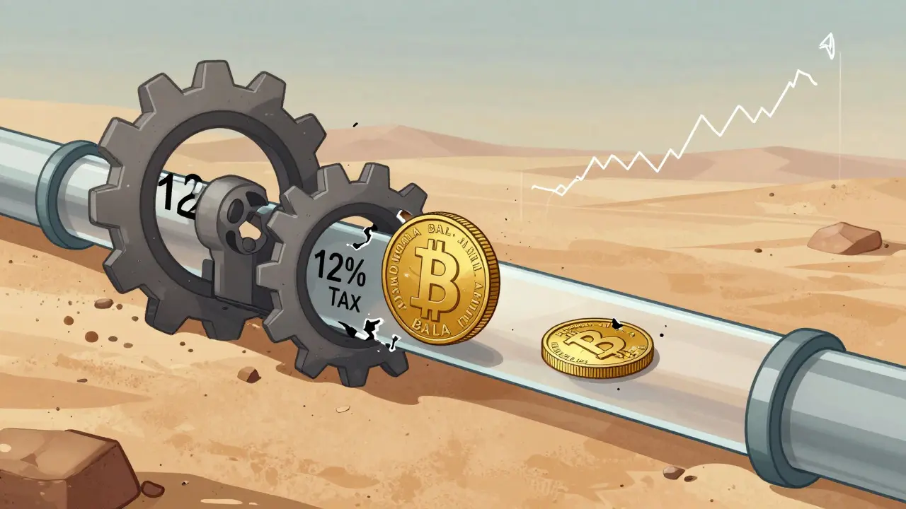 Concept art showing a BALA coin losing value to taxes in a low-liquidity desert landscape.