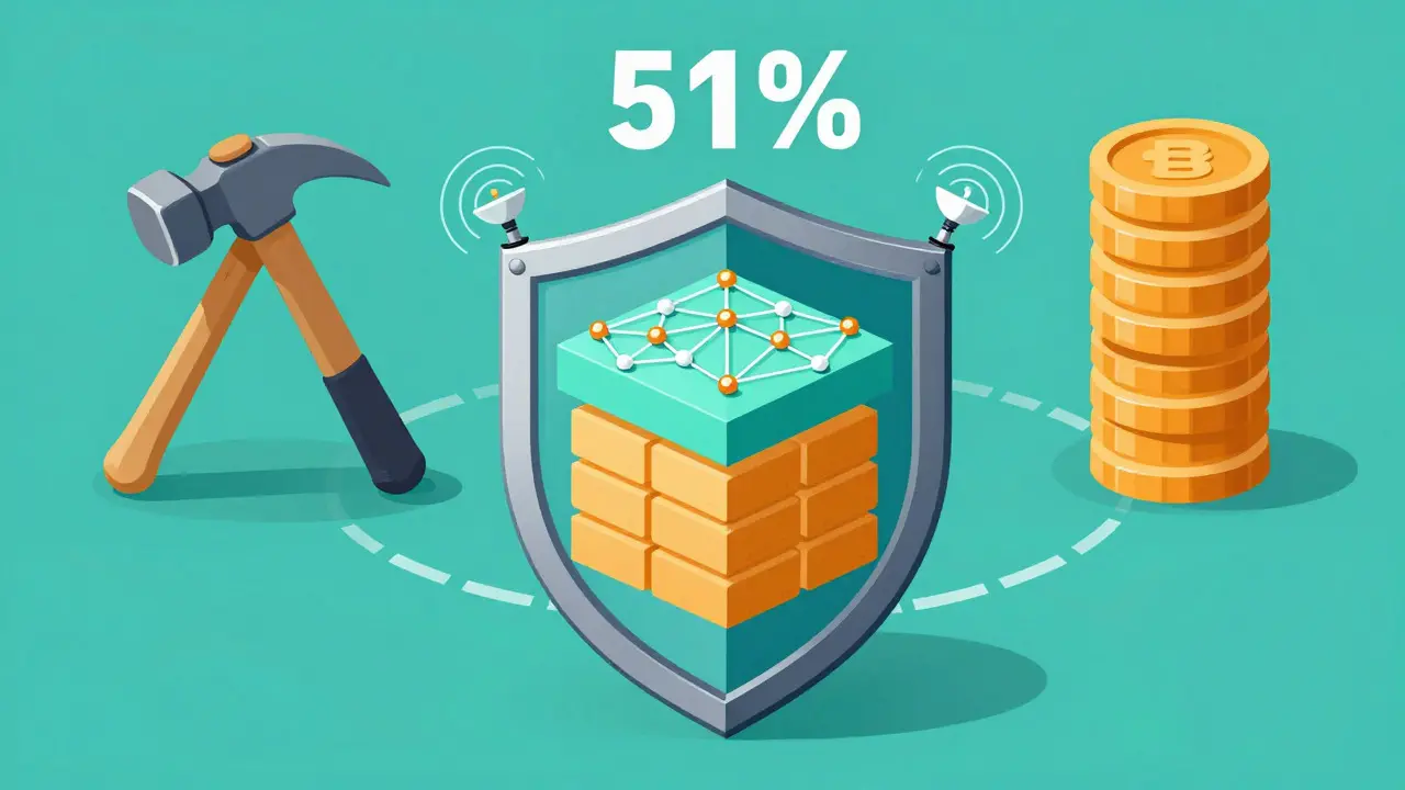 Concept art showing layered defenses like confirmations and monitoring against blockchain attacks.