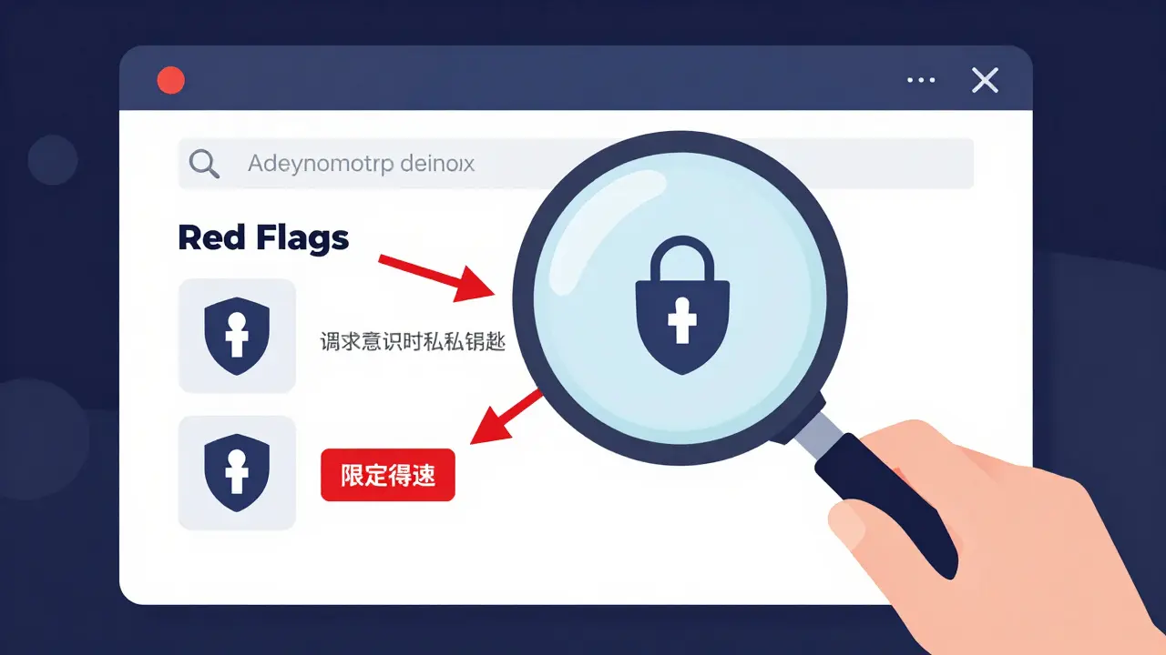 Detective inspecting fake crypto site for scam red flags and typos