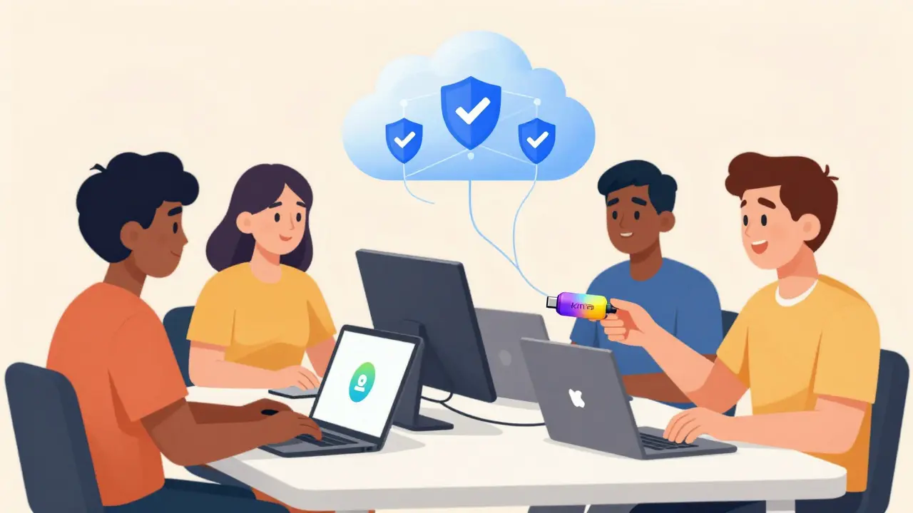 Developer easily plugging a device into a laptop to connect to a secure, simplified network cloud.