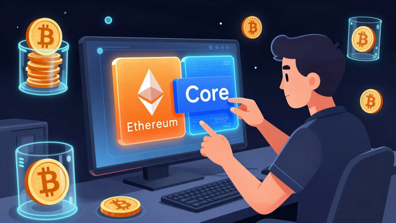 Developer manipulating holographic code blocks merging Bitcoin and Ethereum styles