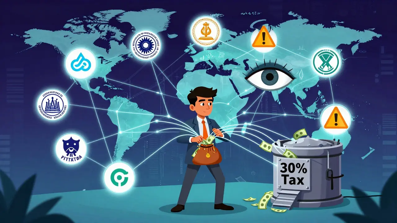 Digital illustration of investor connected to global surveillance and tax collection webs.