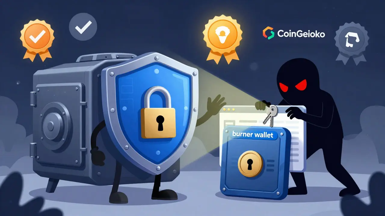 Digital shield protecting main wallet while burner wallet avoids phishing scam
