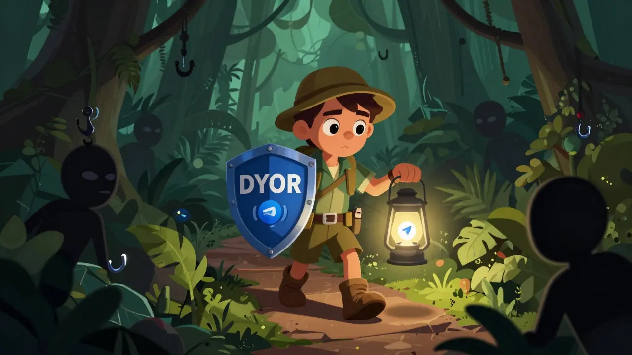 Explorer navigating crypto scam jungle with research shield and lantern