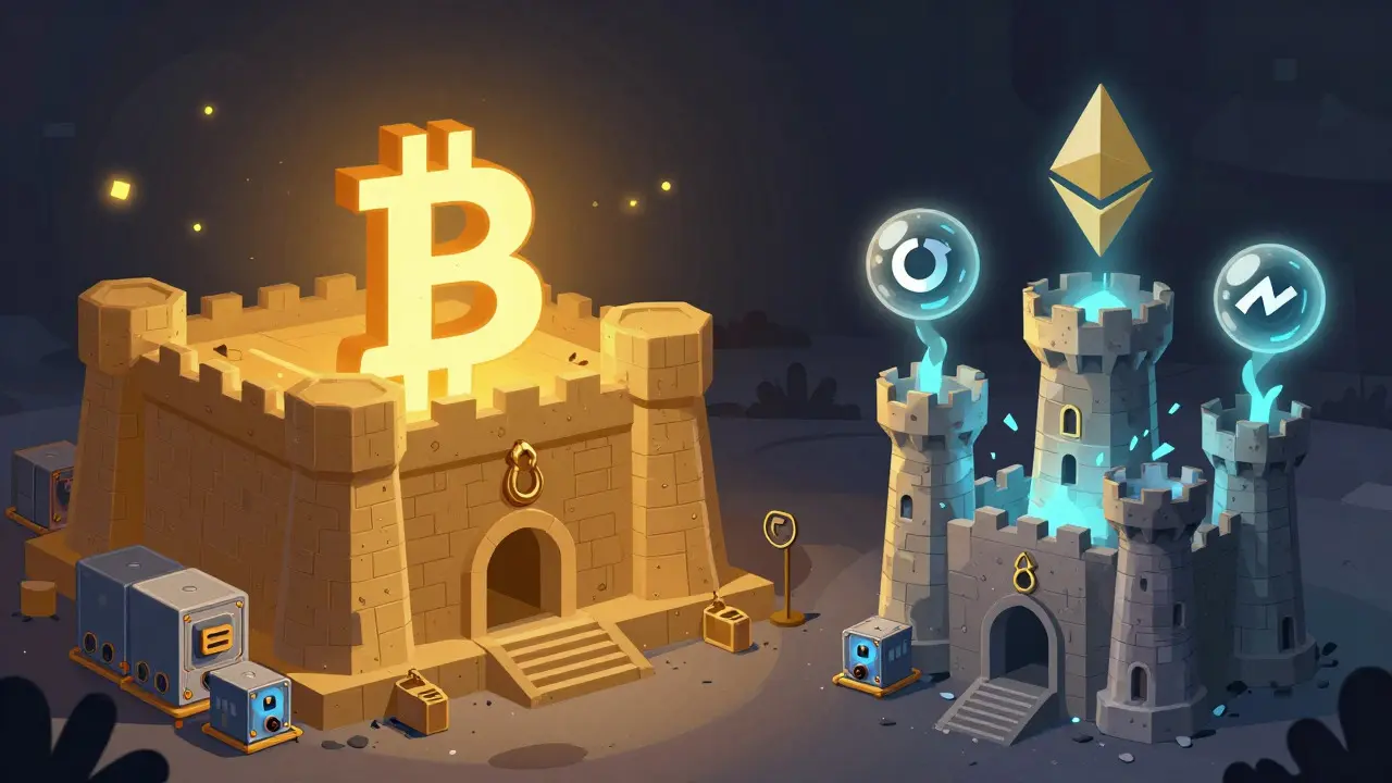 Illustration comparing secure Bitcoin fortress to vulnerable smaller crypto networks under attack.