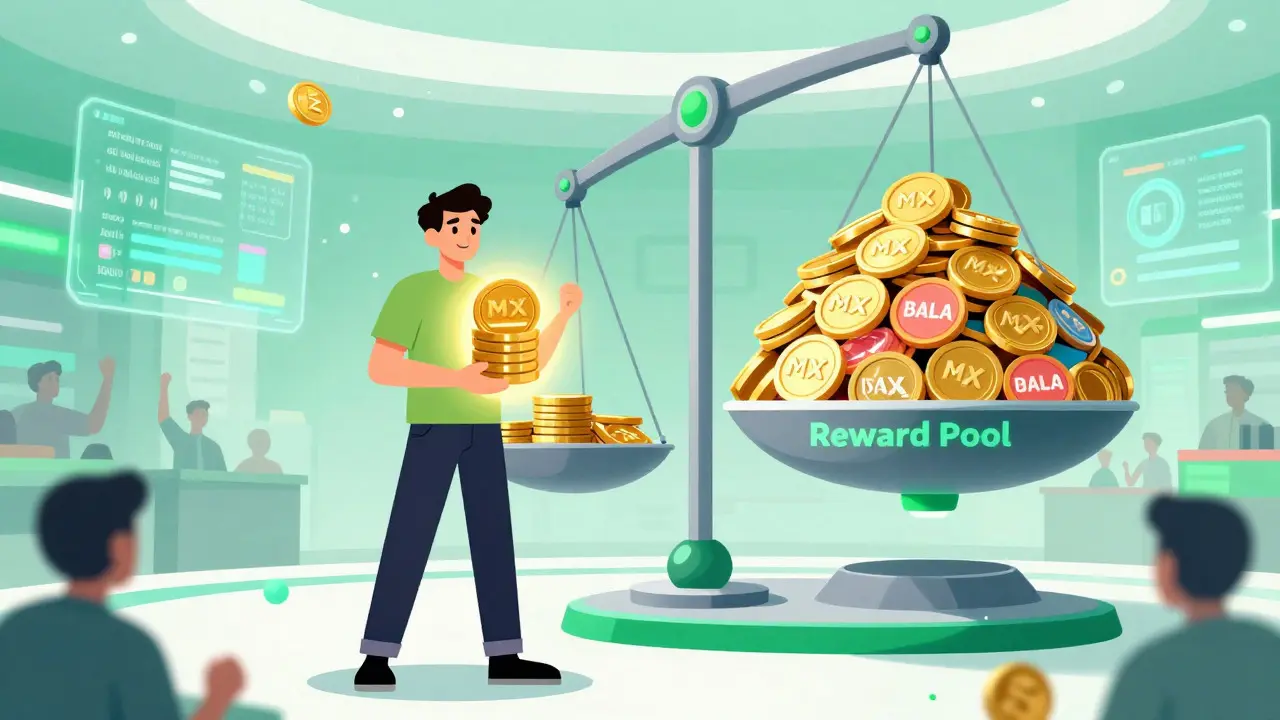 Illustration of a user staking MX tokens on a scale to win BALA rewards at an exchange.