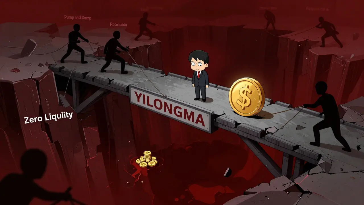 Illustration of investor on crumbling bridge over liquidity abyss with pumpers