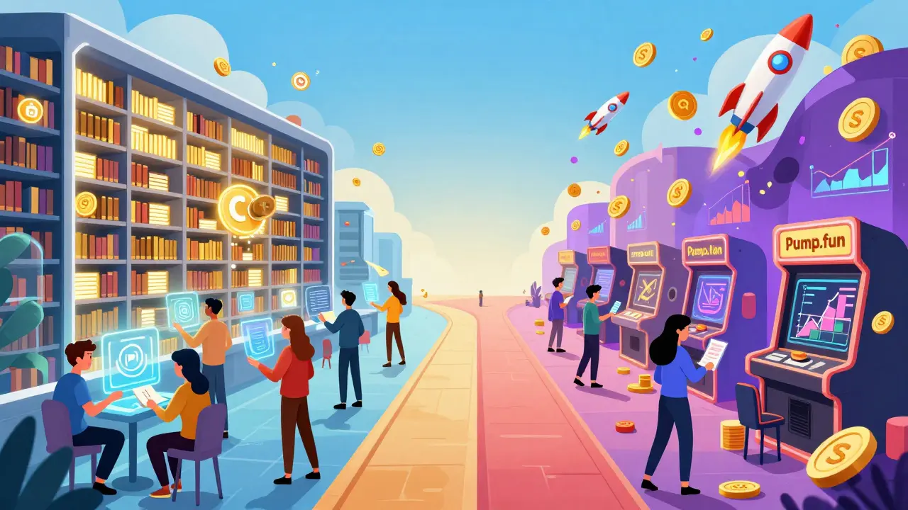 Illustration of Story Protocol library and Pump.fun arcade representing real crypto projects