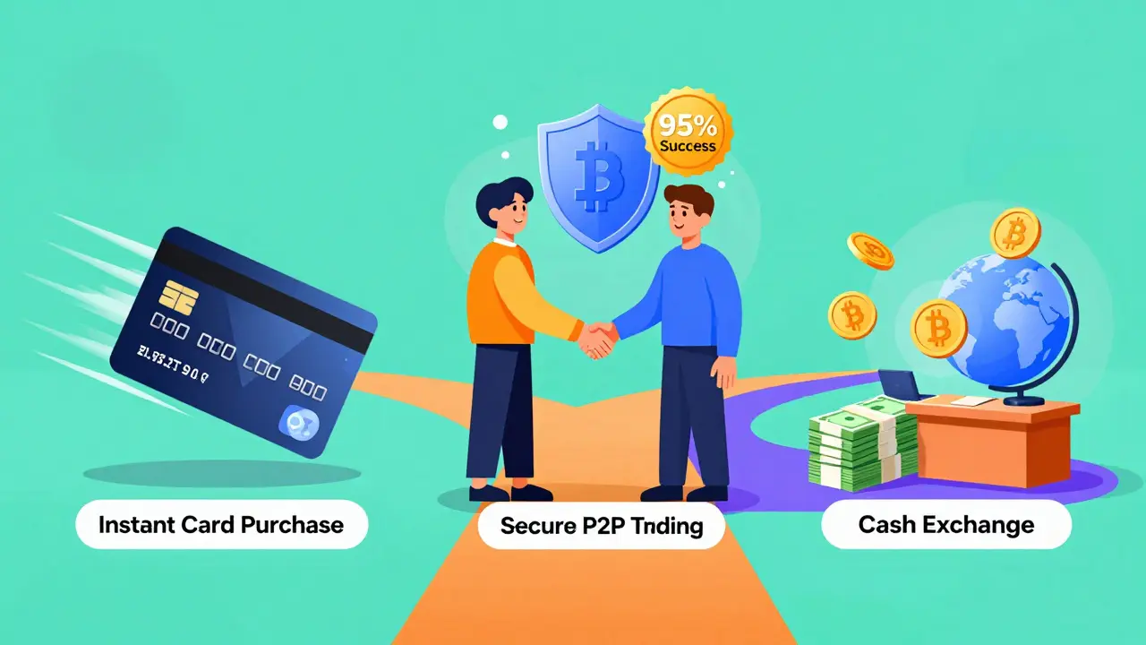 Illustration showing three ways to buy crypto: card, P2P, and cash