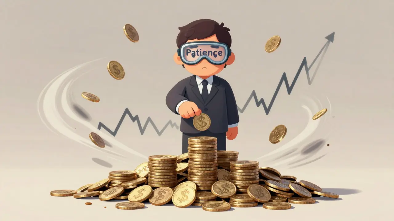 Investor calmly stacking coins amidst volatile charts